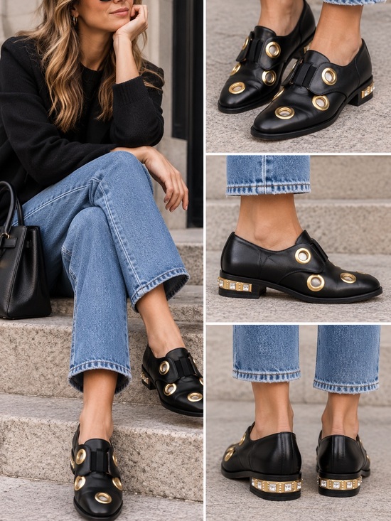 Cavalini Shoes - Cavalini Black Leather Embellished Loafers | Size 38.5